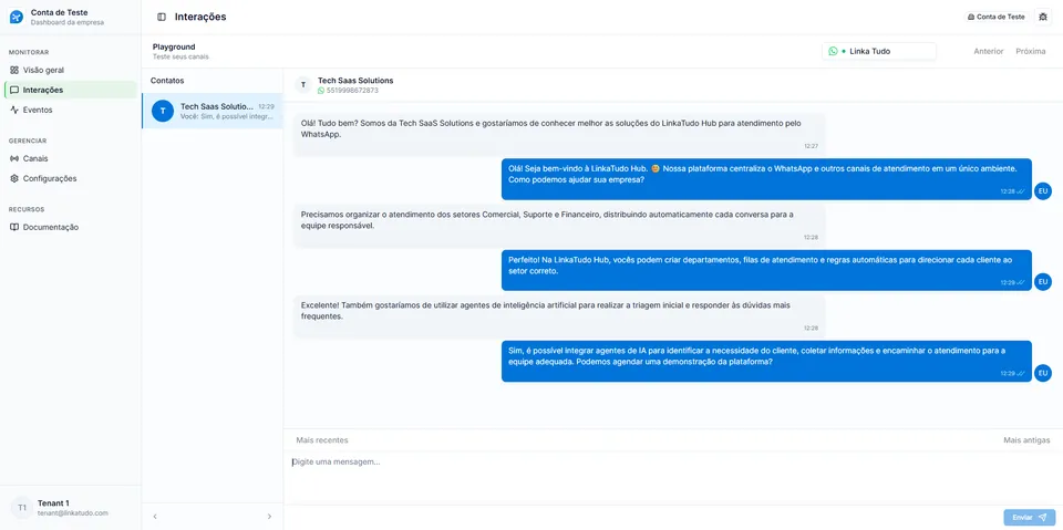 Playground do Hub Linkatudo usado para testar envio e recebimento de mensagens em um canal