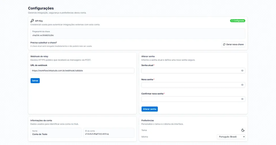Tela da etapa 3: Configure API e webhooks