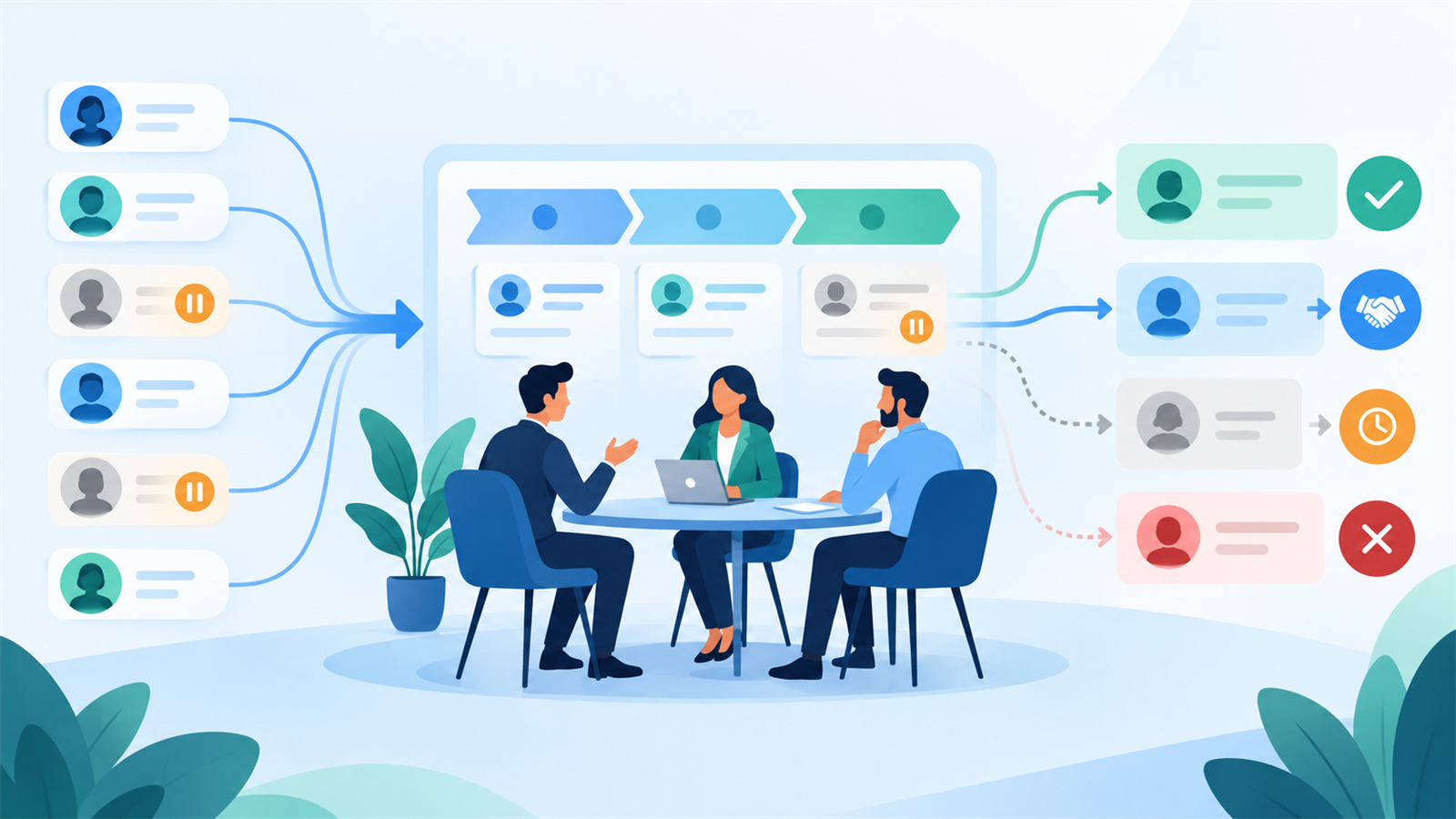 Diagrama amplo do funil comercial com oportunidades, reuniões e acompanhamento no CRM