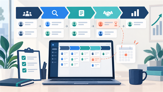 Diagrama compacto mostrando processo comercial, pipeline e CRM conectados
