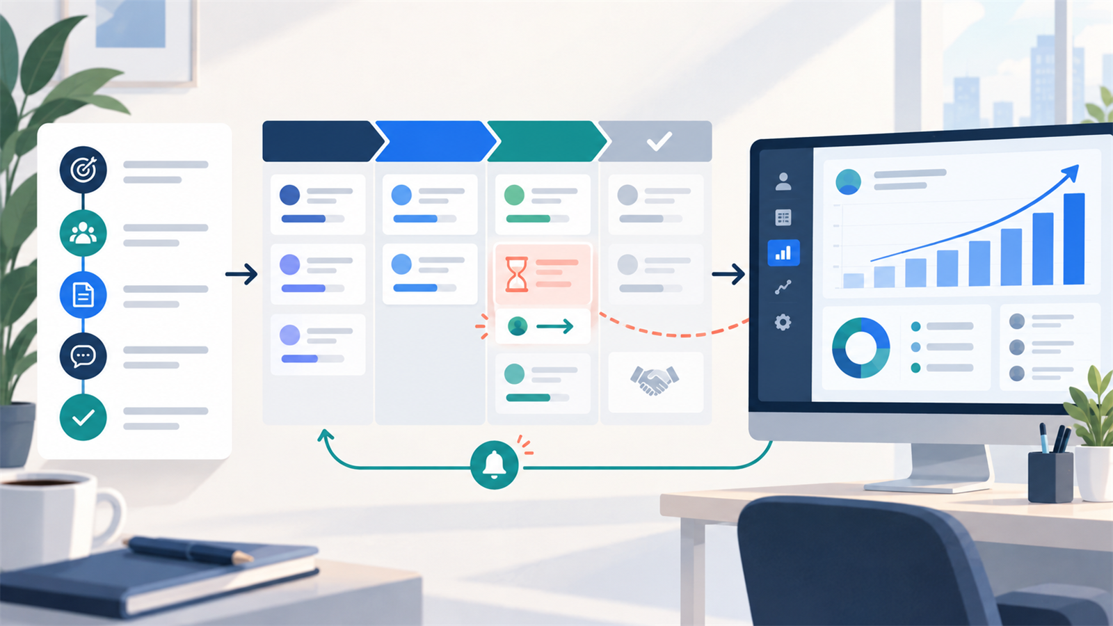 Diagrama amplo de uma operação comercial com processo, pipeline e CRM